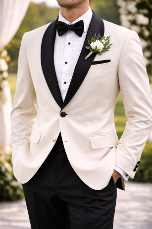 Custom tuxedo in Pensacola with black lapel, made to measure by Myra Tailors