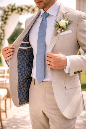 Custom men’s wedding suits in Pensacola with custom lapel, lining, and fit options at Myra Tailors