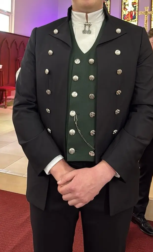 Close-up detail of Norwegian-inspired wedding suit tailoring by Myra Tailors Hong Kong