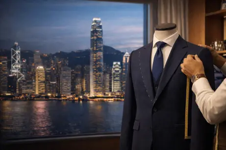 Elegant custom tailoring in Hong Kong by Myra Tailors, serving tourists with hotel fittings and a Hung Hom office