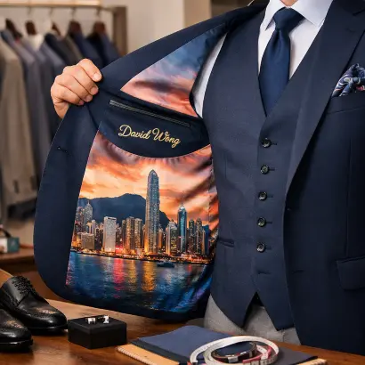 Personalized bespoke suits in Hong Kong with custom lining and monogram options