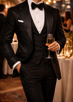 Custom tuxedo personalization in Jacksonville FL with shawl lapel velvet jacket, formalwear trims, and black-tie styling by Myra Tailors