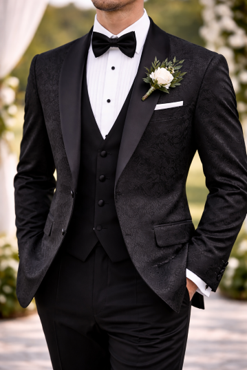 White custom tuxedo with black lapel made to measure in Pensacola by Myra Tailors