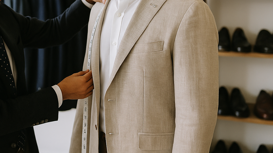 Custom tailor measuring a client at a trunk show fitting event